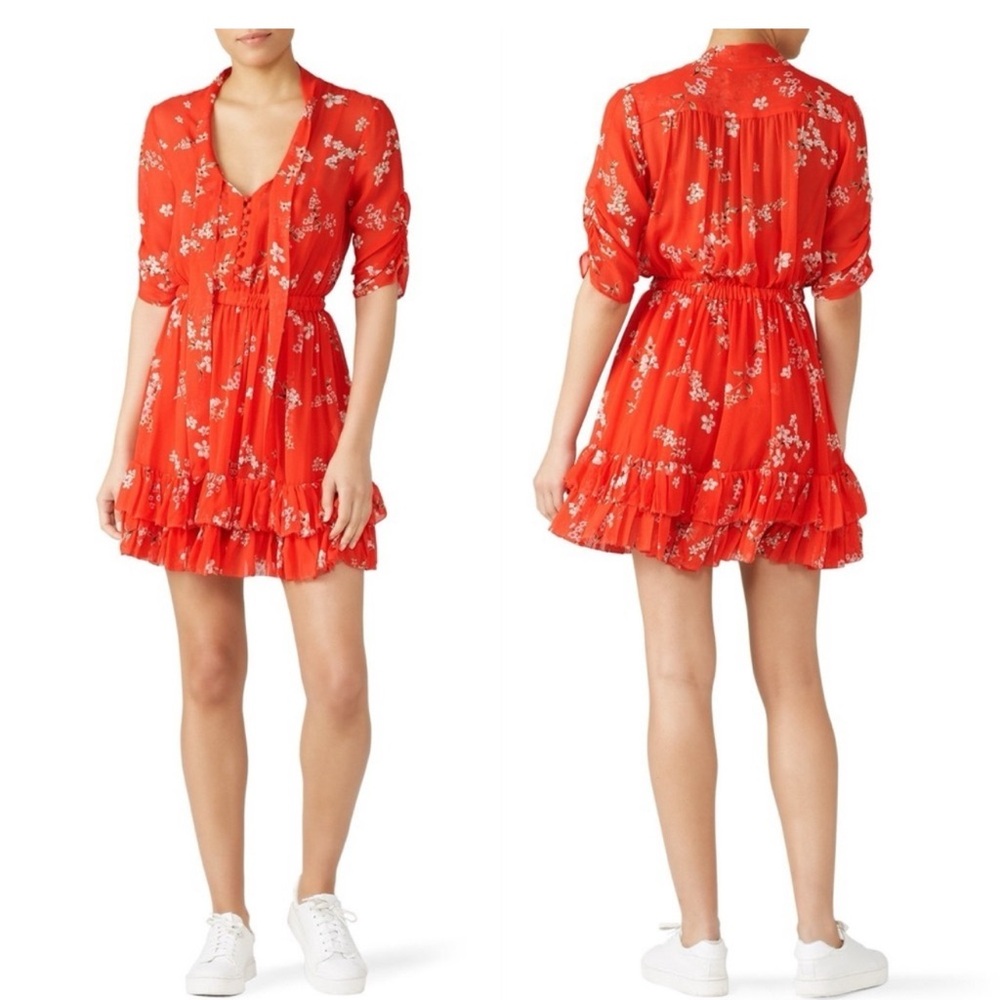 NICHOLAS Floral Ruffle Mini Dress, Red with Beige Floral, 100% Silk, Size 12